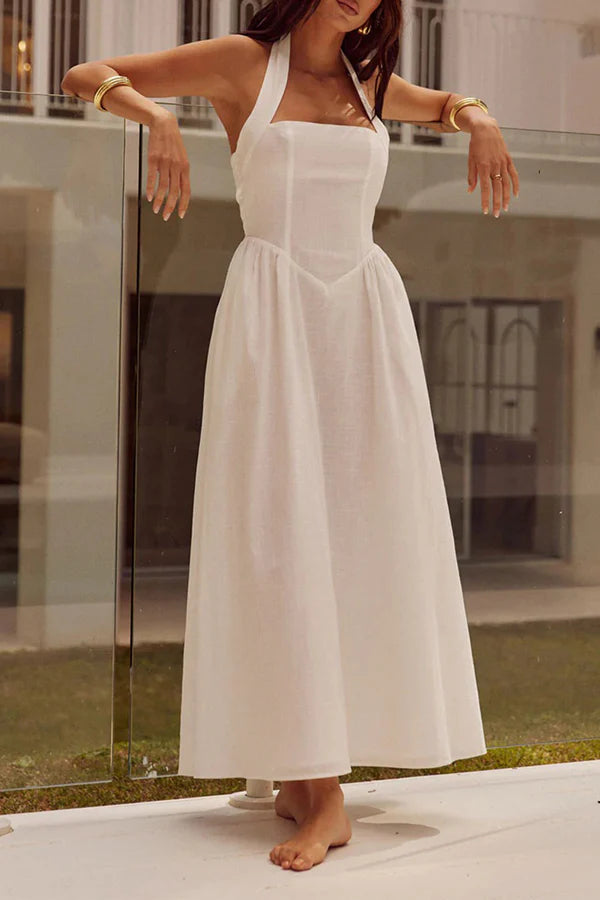 Vestido de noche sexy de color sólido con bolsillos y cuello plegable, sin mangas y colgante