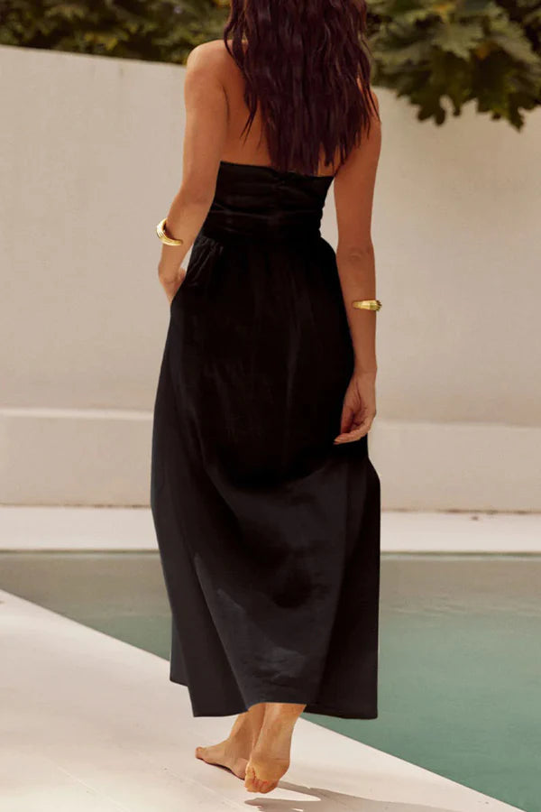 Vestido de noche sexy de color sólido con bolsillos y cuello plegable, sin mangas y colgante