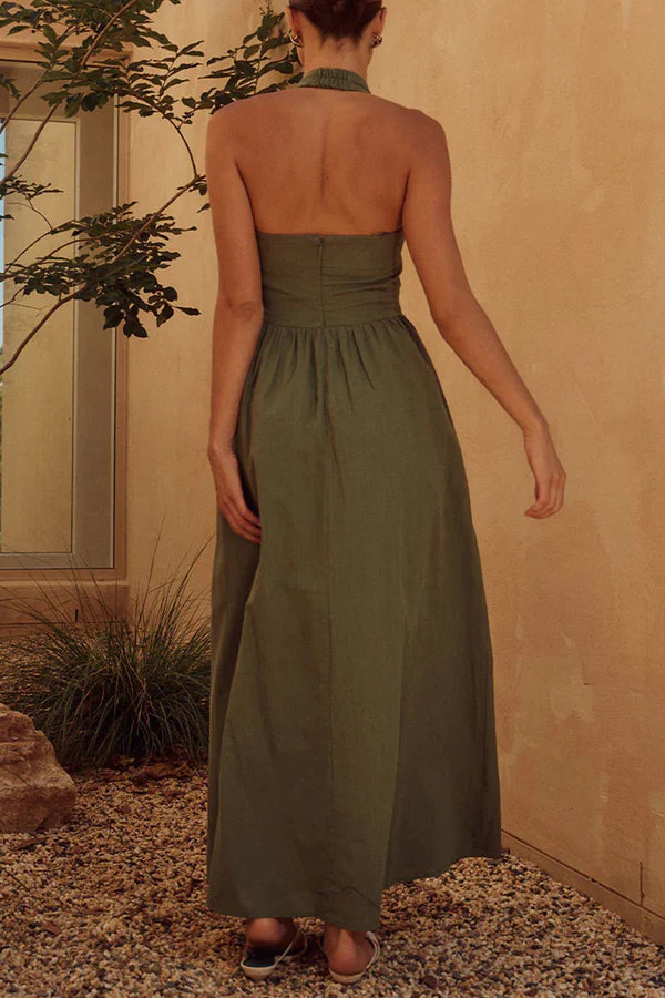 Vestido de noche sexy de color sólido con bolsillos y cuello plegable, sin mangas y colgante