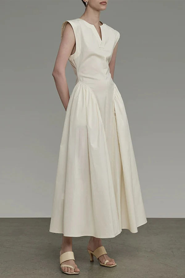 Elegant solid color pocket folding O-neck sleeveless evening dress