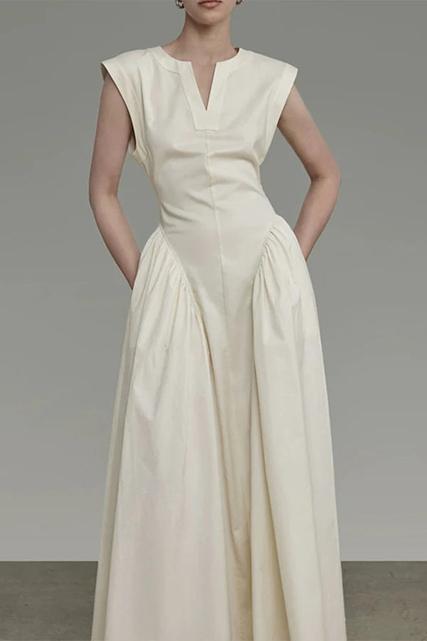 Elegant solid color pocket folding O-neck sleeveless evening dress