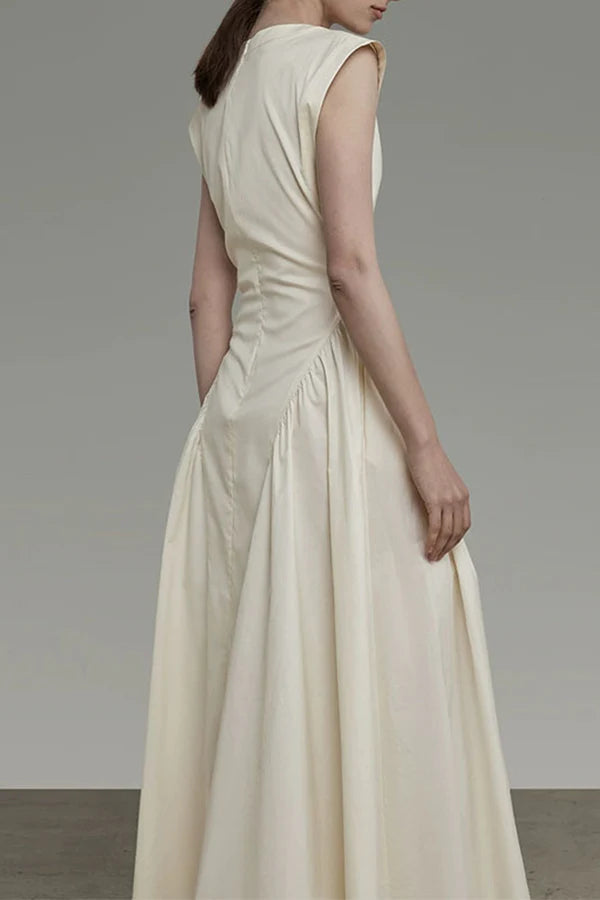 Elegant solid color pocket folding O-neck sleeveless evening dress