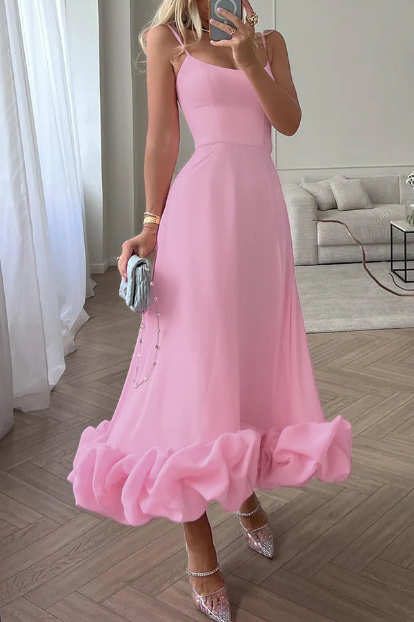 Pink Chiffon A-Line Midi with Straight Neck & Voluminous Ruffled Hem
