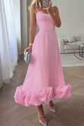 Pink Chiffon A-Line Midi with Straight Neck & Voluminous Ruffled Hem