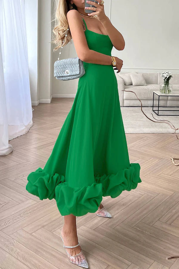 Pink Chiffon A-Line Midi with Straight Neck & Voluminous Ruffled Hem