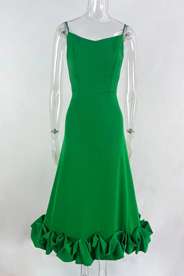 Pink Chiffon A-Line Midi with Straight Neck & Voluminous Ruffled Hem