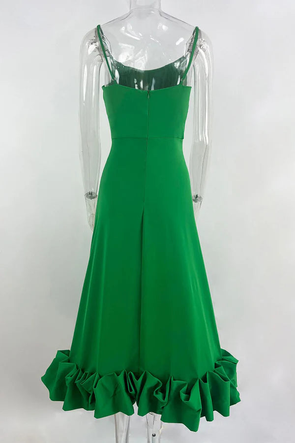 Pink Chiffon A-Line Midi with Straight Neck & Voluminous Ruffled Hem