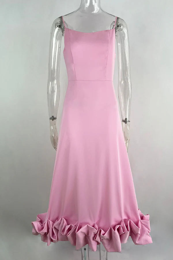 Pink Chiffon A-Line Midi with Straight Neck & Voluminous Ruffled Hem