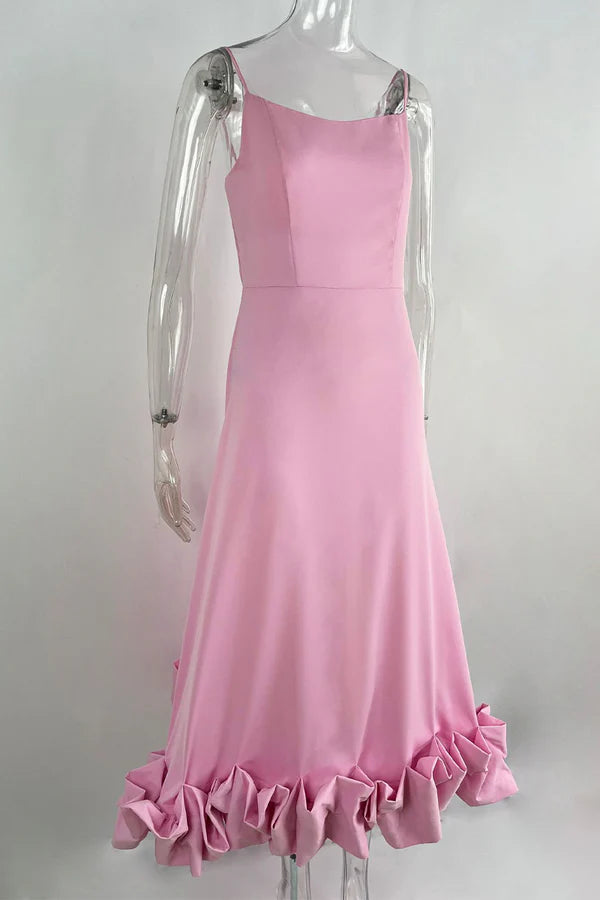 Pink Chiffon A-Line Midi with Straight Neck & Voluminous Ruffled Hem