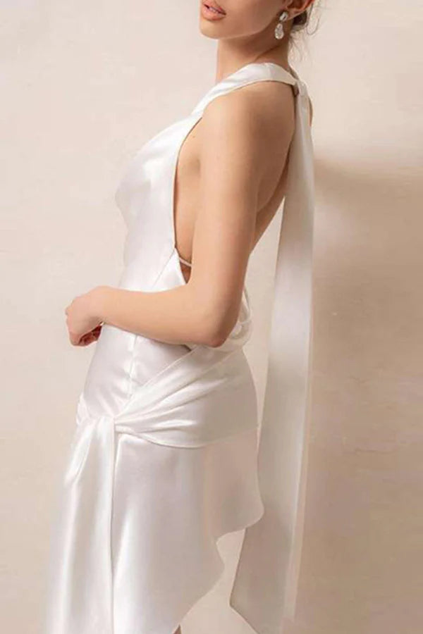 Vestido de noche elegante de celebridad con calcomanía de color sólido, espalda abierta, plegable y cuello colgante