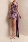 Vestido de noche elegante de celebridad con calcomanía de color sólido, espalda abierta, plegable y cuello colgante