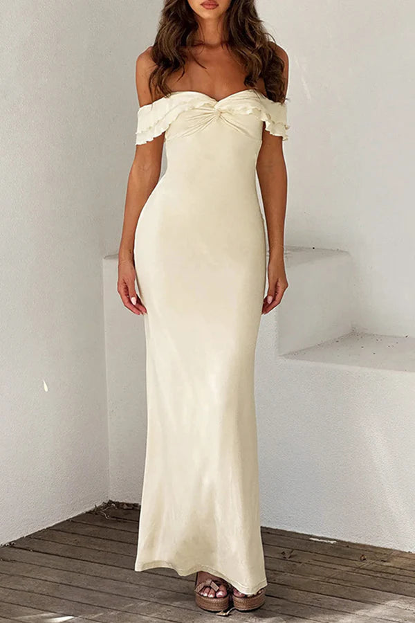 Vestido de noche sexy de un solo paso con hombros descubiertos y borde delgado plisado de color sólido