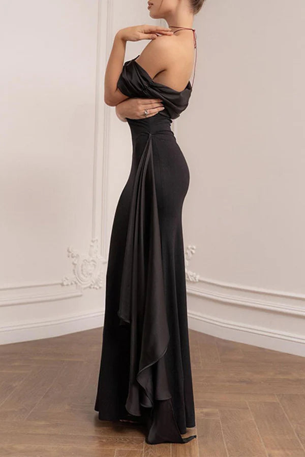 Sexy formal attire solid color mesh diagonal collar evening dress