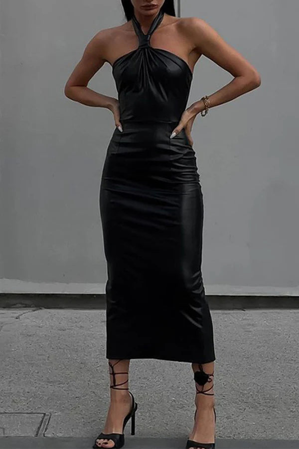 Vestido de noche sexy con falda colgante y cuello de patchwork en color sólido