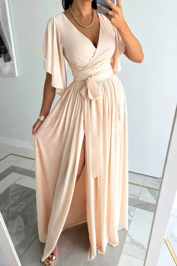 Elegant solid color ruffled V-neck A-line evening dress