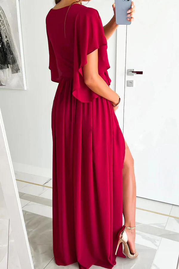 Elegant solid color ruffled V-neck A-line evening dress