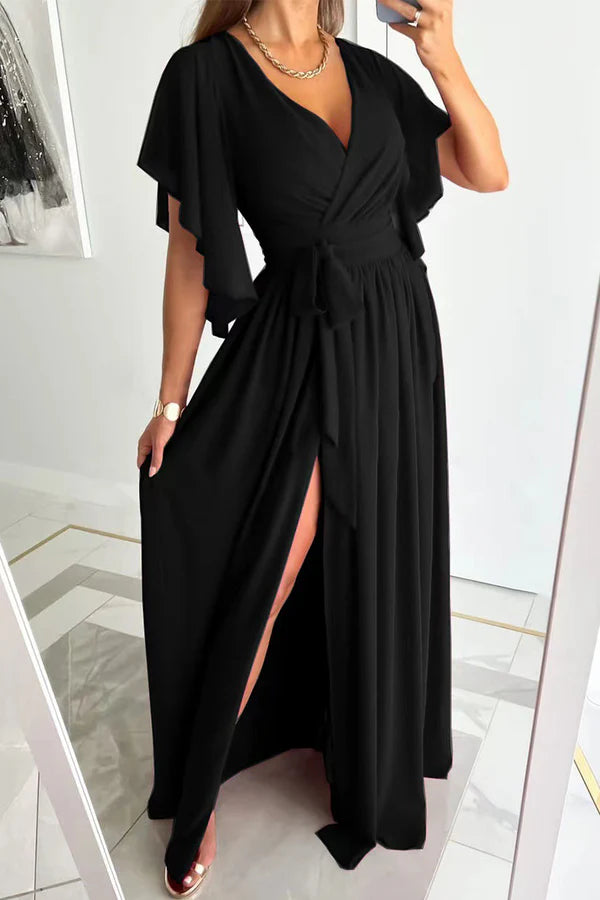 Elegant solid color ruffled V-neck A-line evening dress