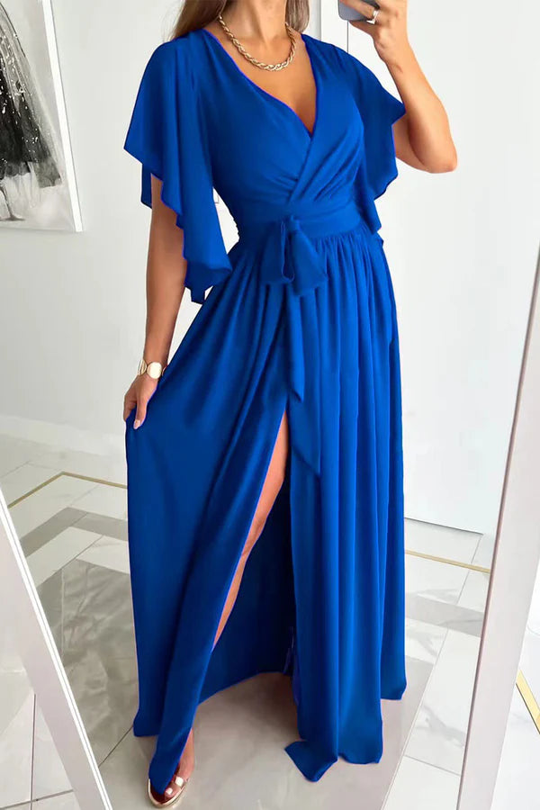 Elegant solid color ruffled V-neck A-line evening dress