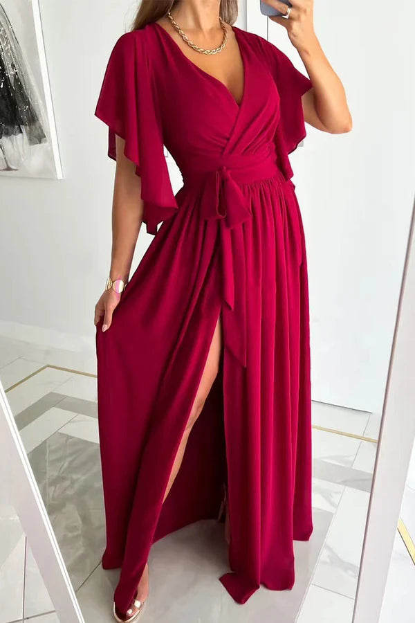 Elegant solid color ruffled V-neck A-line evening dress