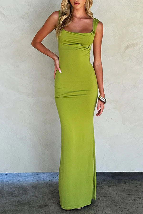 Vestido de noche sexy de un solo paso con escote en V y espalda descubierta en color sólido