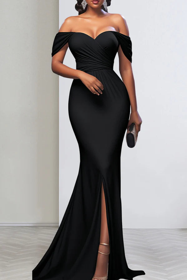 Solid color backless high slit zipper patchwork off the shoulder long evening dress