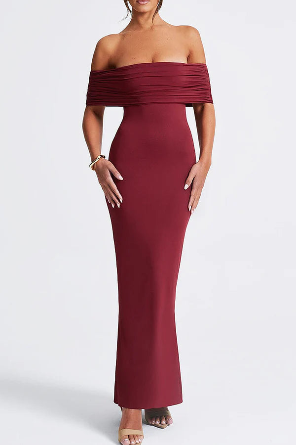 Solid color hollow patchwork backless pleated shoulder long evening dress