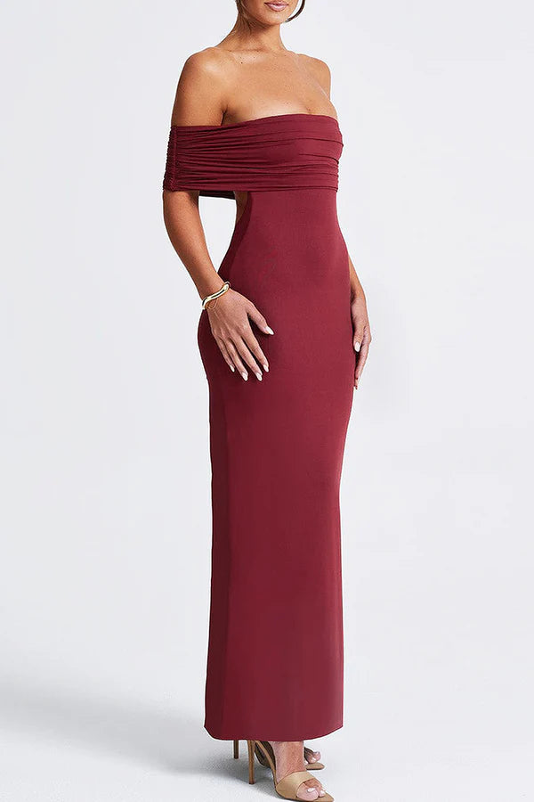 Solid color hollow patchwork backless pleated shoulder long evening dress