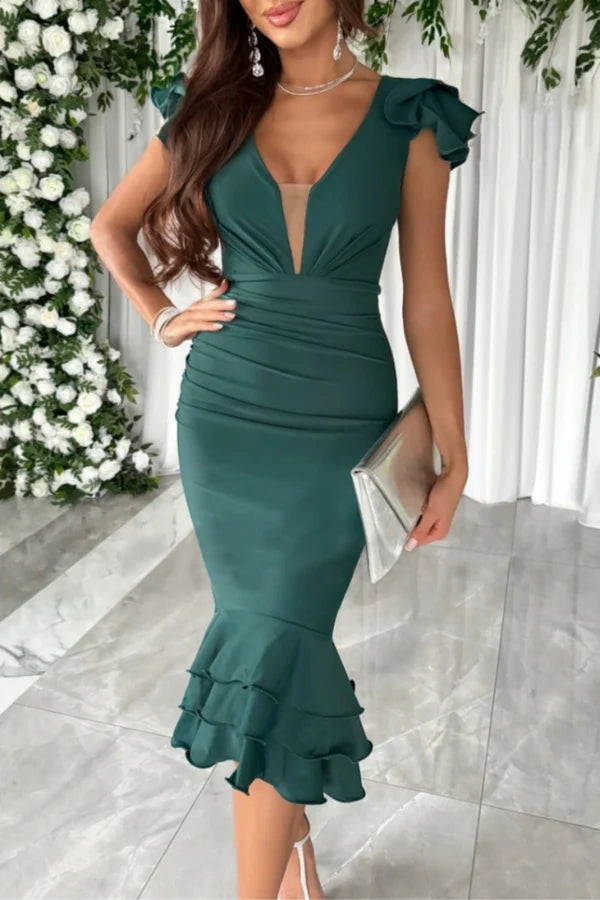 Vestido cruzado informal con cuello en V y patchwork de color sólido para vestido de noche