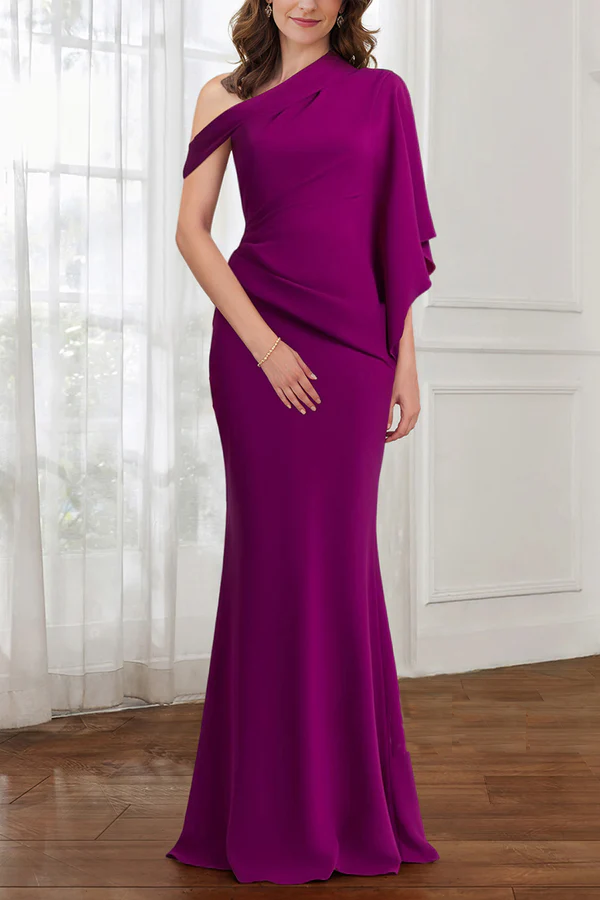Mulberry Crepe One Shoulder Mermaid Floor-Length Evening Dress