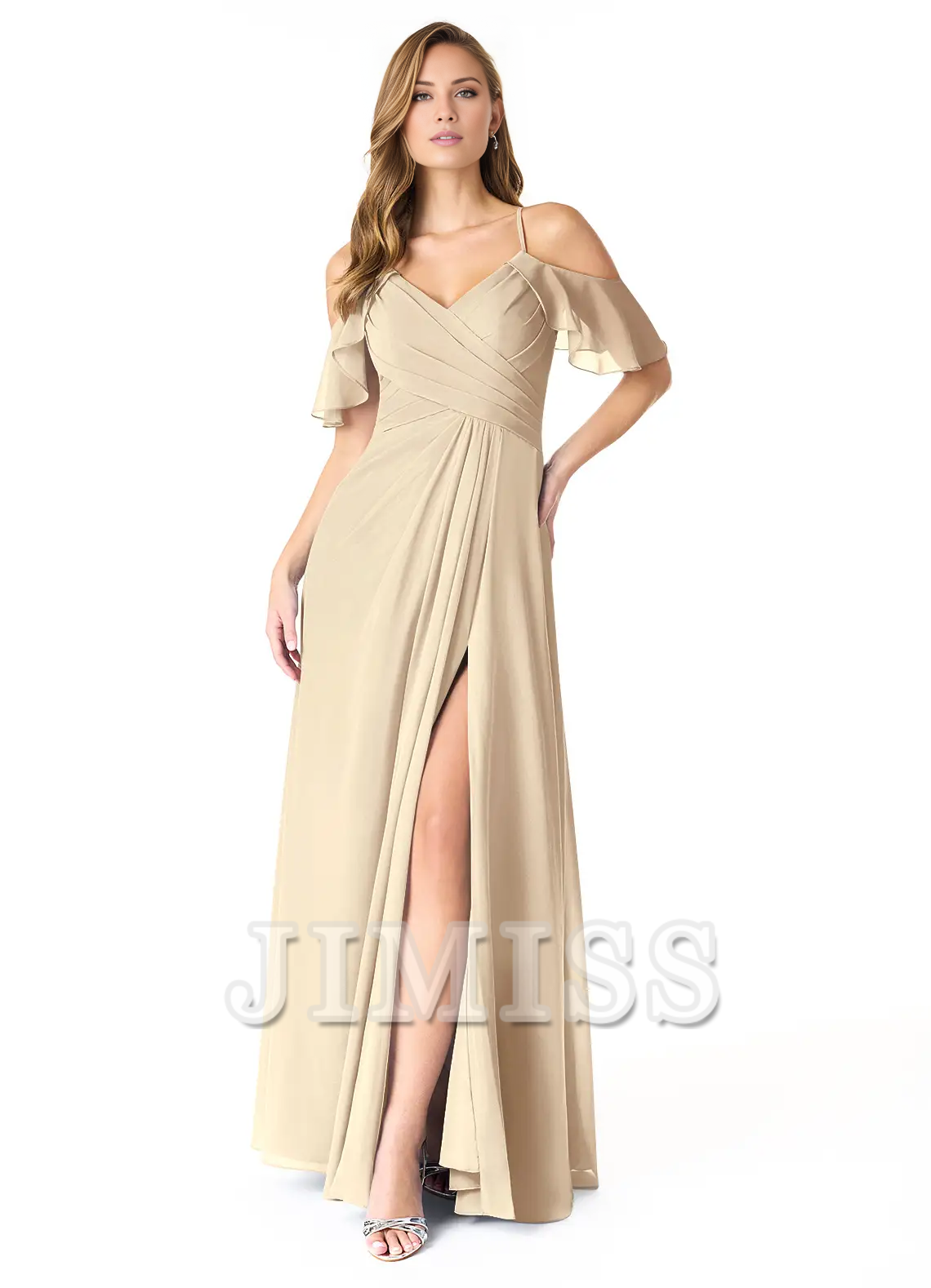 Vestido de dama de honor de gasa plisada con escote en V, corte A, abertura lateral y largo hasta el suelo - Vestido Jimiss 