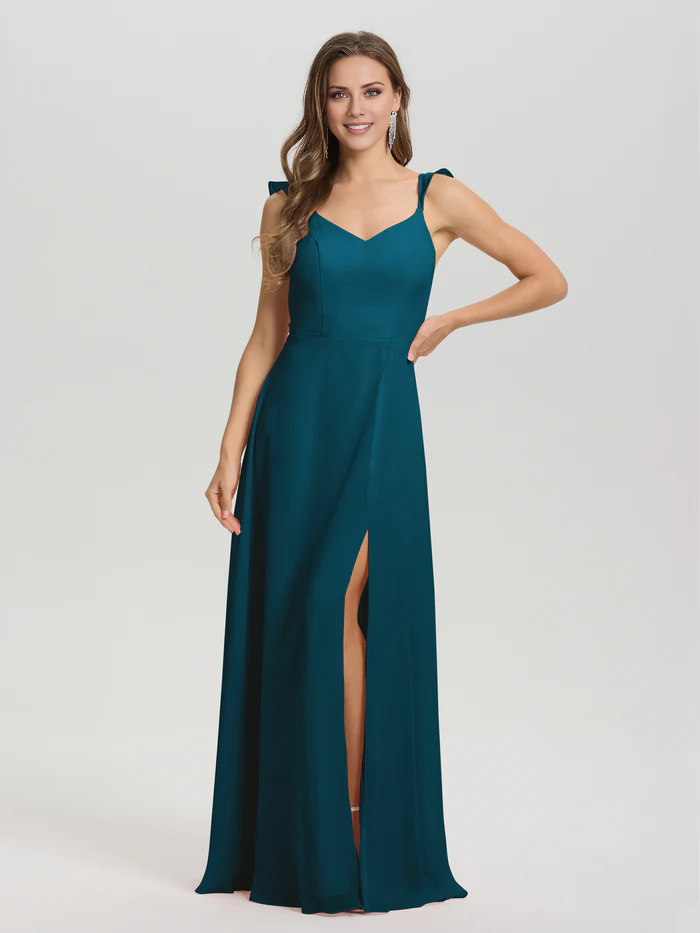 Vestido de dama de honor largo hasta el suelo con abertura en gasa con escote en V y tirantes anudados