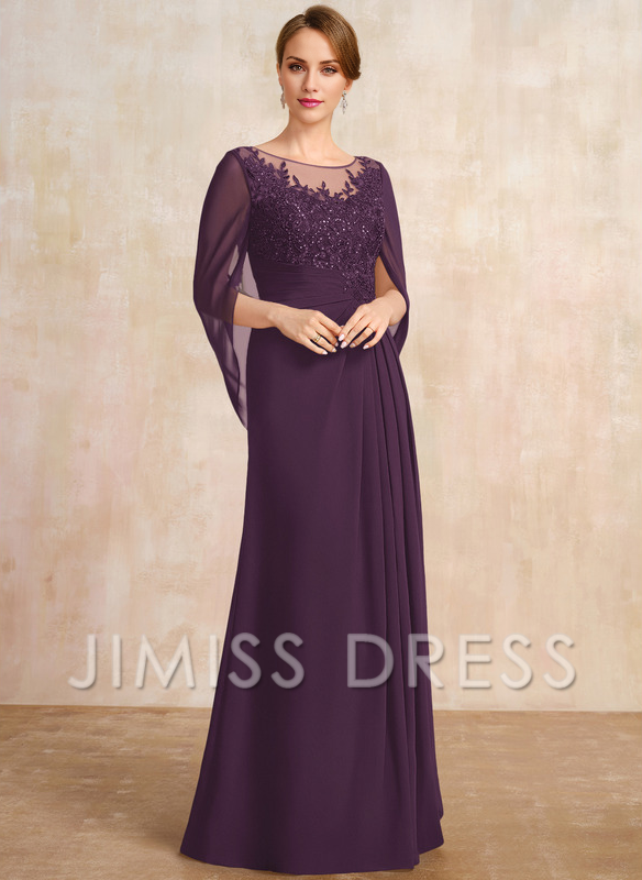 Dark Navy Chiffon A-Line Floor-Length Dress with Illusion Neck & Cape Sleeves