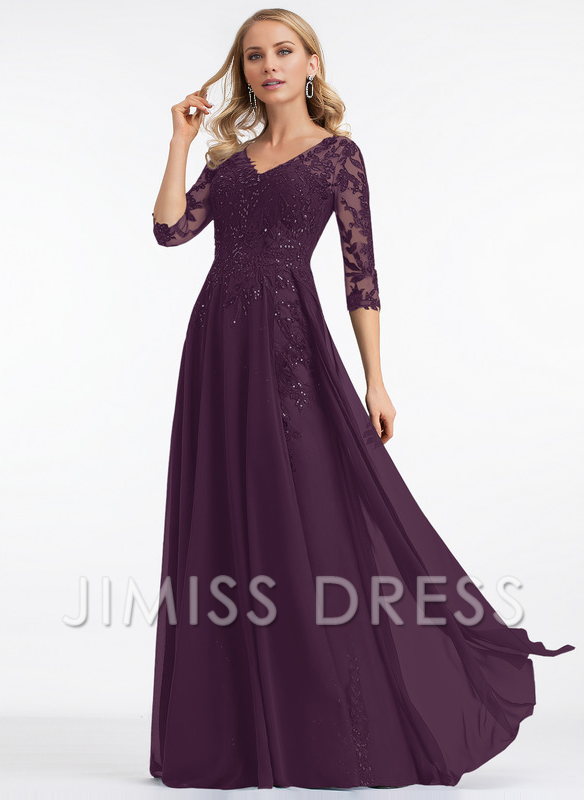 Dark Navy Lace & Chiffon A-Line Floor-Length Evening Dress with V-Neck and Sheer Sequin Sleeves