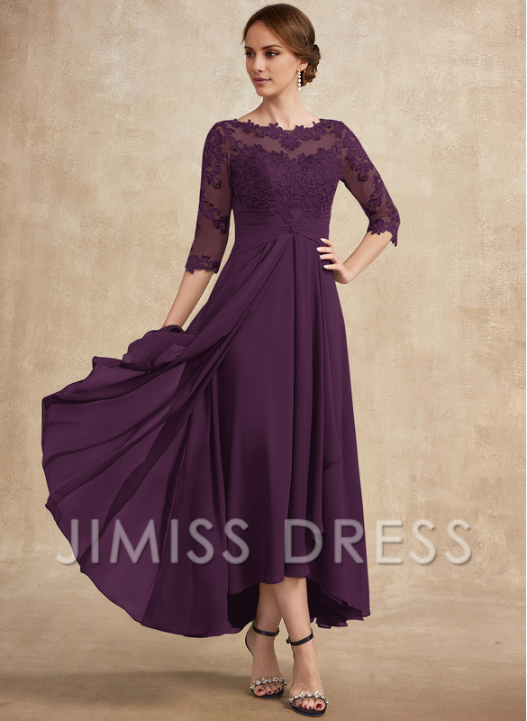 Slate Blue Chiffon A-Line Asymmetrical Evening Dress with Lace Bodice and Boat Neck