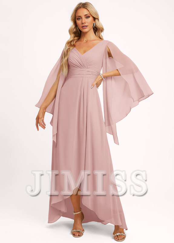 Vestido de dama de honor asimétrico de gasa con escote en V y volantes en forma de A