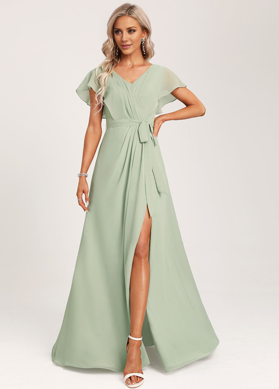 Ruffled A-line V-neck Floor-length Chiffon Bridesmaids Dress