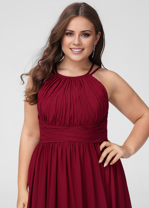 Vestido de dama de honor de gasa con escote redondo y corte A con diseño de hojas de loto