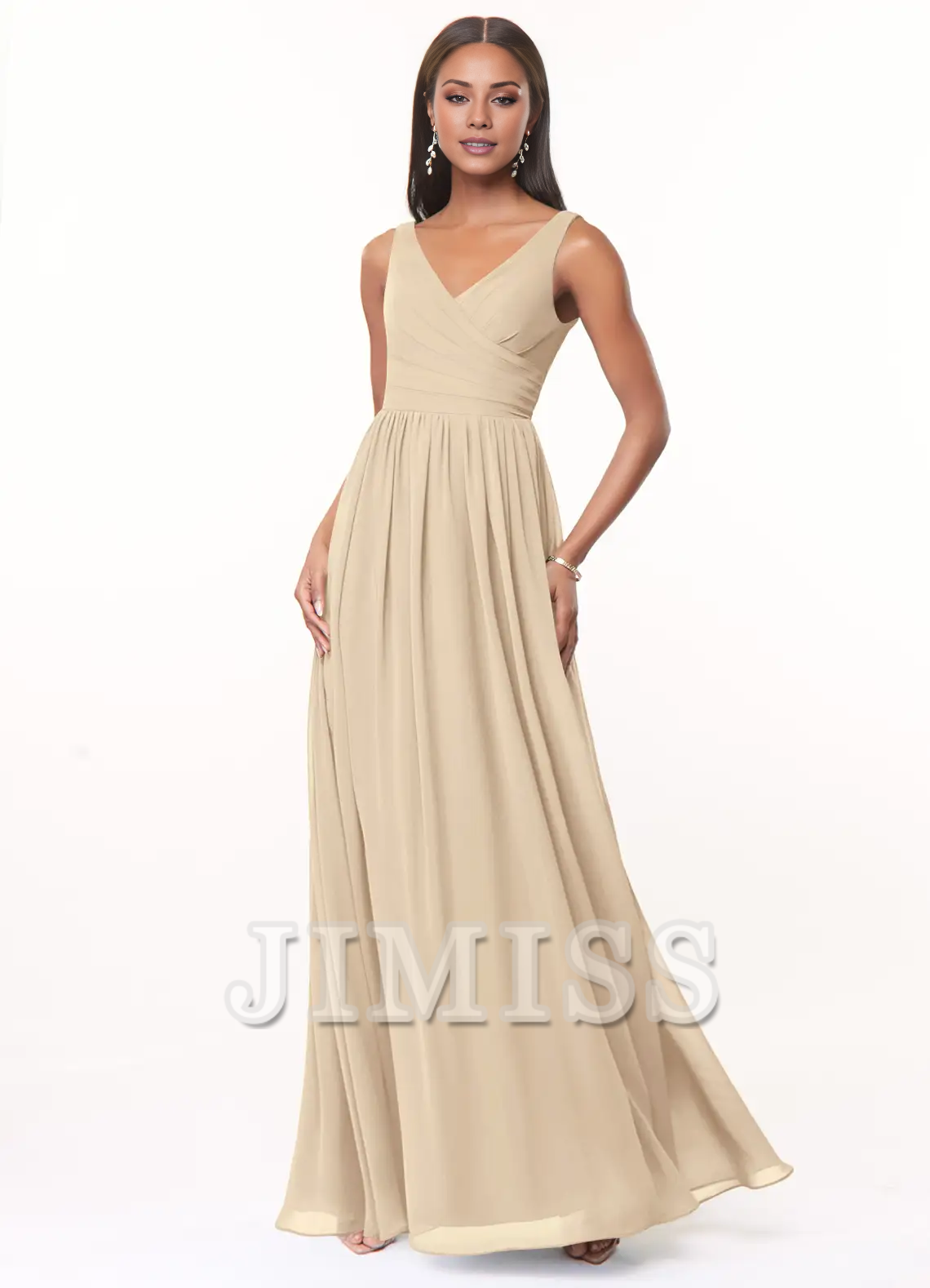 Vestido de dama de honor de gasa plisada con escote en V y corte A hasta el suelo - Vestido Jimiss 