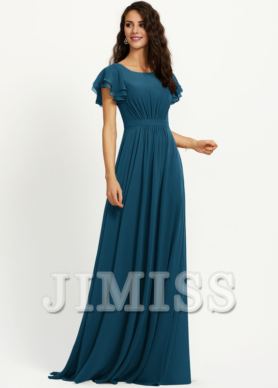 Vestido de dama de honor de gasa con escote redondo y volantes en forma de A