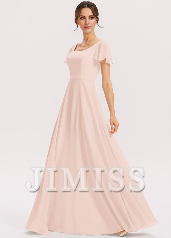 Vestido de dama de honor de gasa con volantes escalonados, corte A, cuadrado, largo hasta el suelo