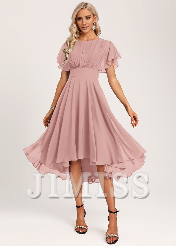 Vestido de dama de honor asimétrico de gasa con volantes, corte A y cuchara