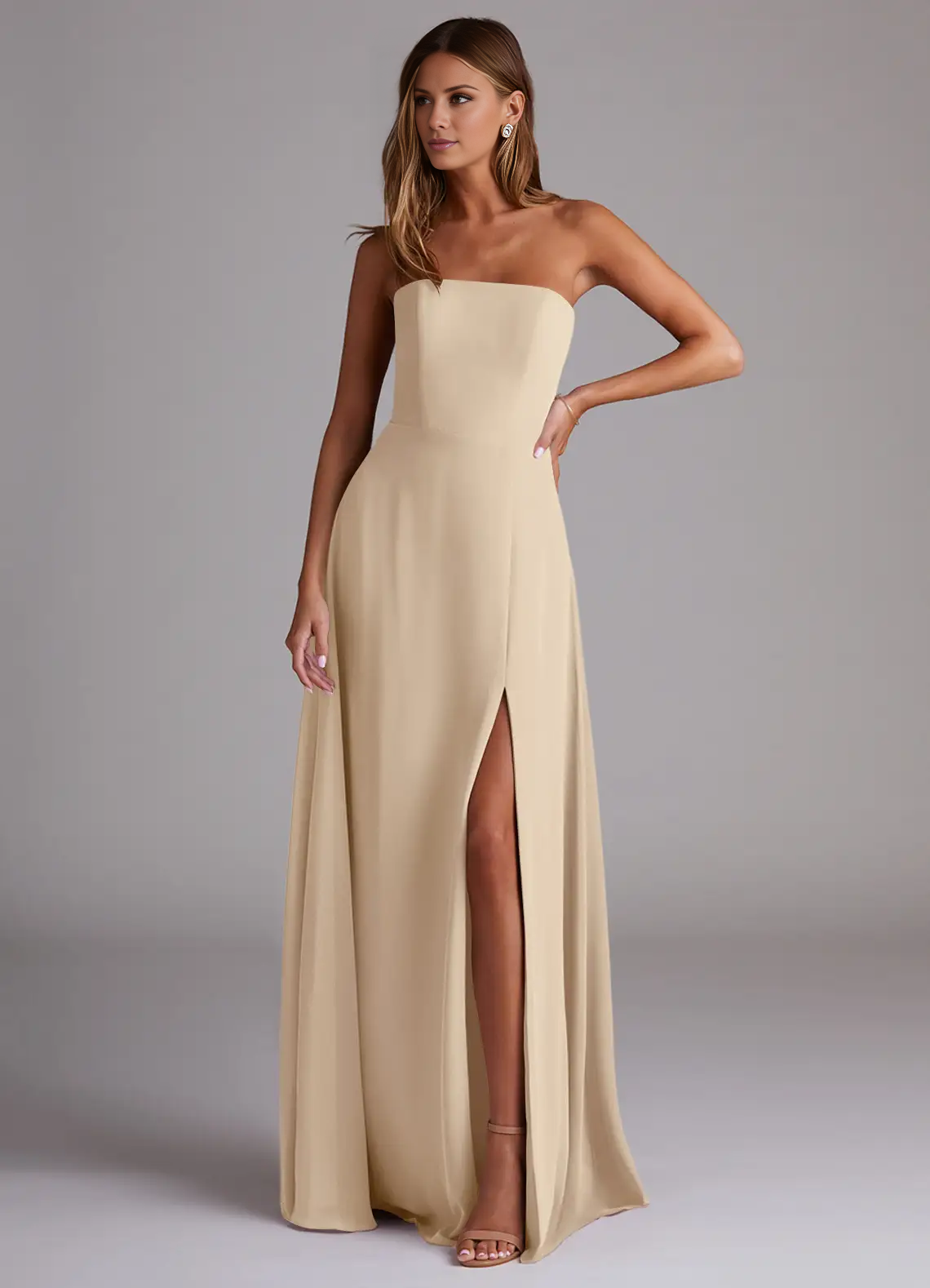 Abito da damigella d'onore a trapezio con spacco laterale in chiffon e cucitura laterale, lunghezza al pavimento - Abito Jimiss 