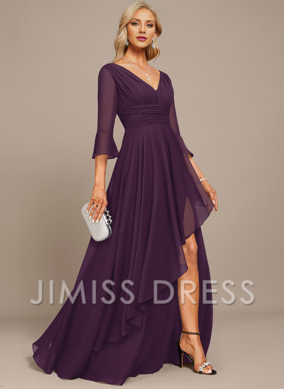 Stormy Chiffon A-Line Asymmetrical Bridesmaid Dress with V-Neck and Pleated Bodice