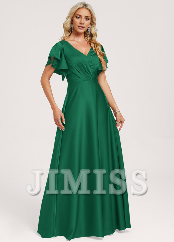 Vestido de dama de honor de satén con volantes, escote en V y largo hasta el suelo