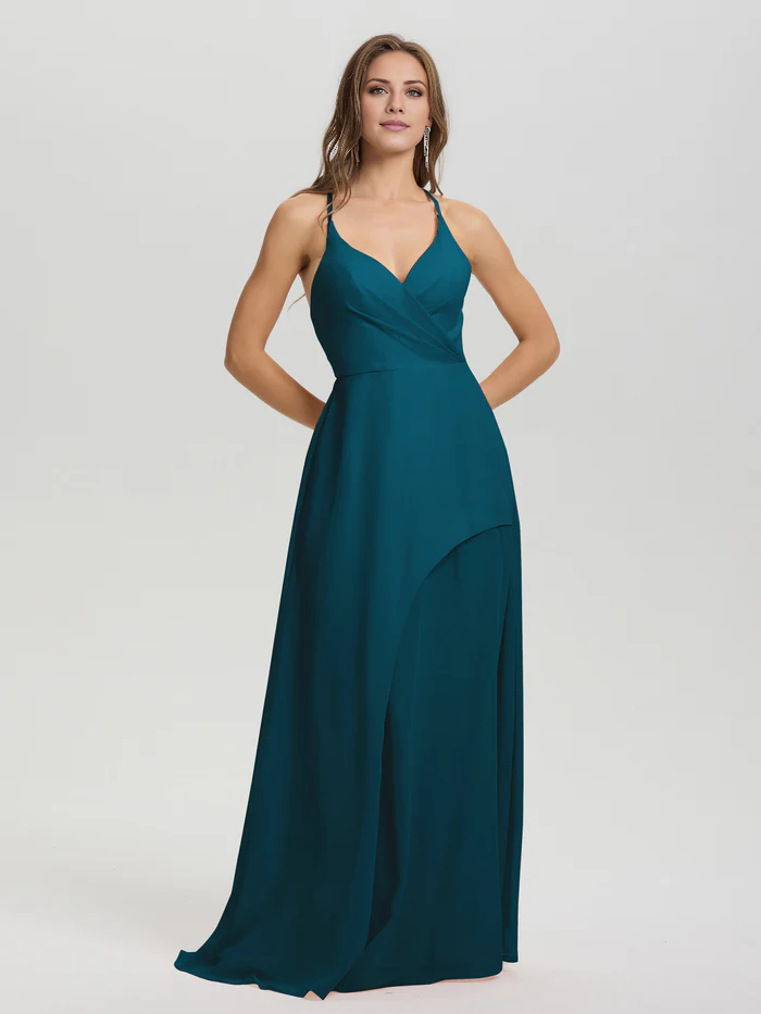 Shoulder strap V-neck backless long chiffon formal and floor length Bridesmaid dresses