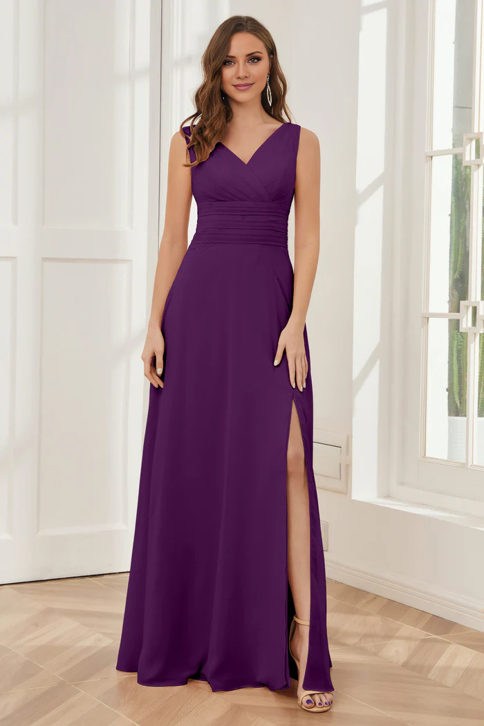 Vestido de dama de honor largo hasta el suelo, de gasa, sin mangas, con escote en V y abertura lateral