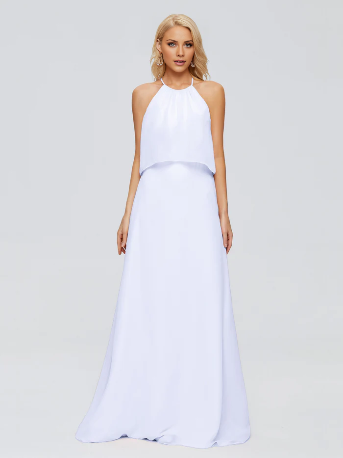 Vestido de dama de honor largo hasta el suelo en gasa con escote halter