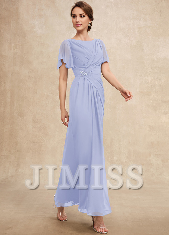 Vestido de gasa para madre de la novia, de corte A, plisado, con cuentas y escote pronunciado hasta los tobillos