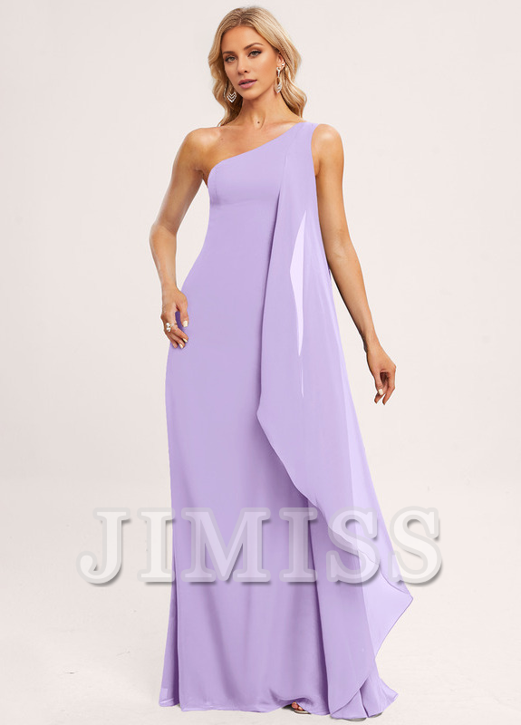 Vestido de dama de honor de gasa con volantes, corte A, un hombro al aire y largo hasta el suelo