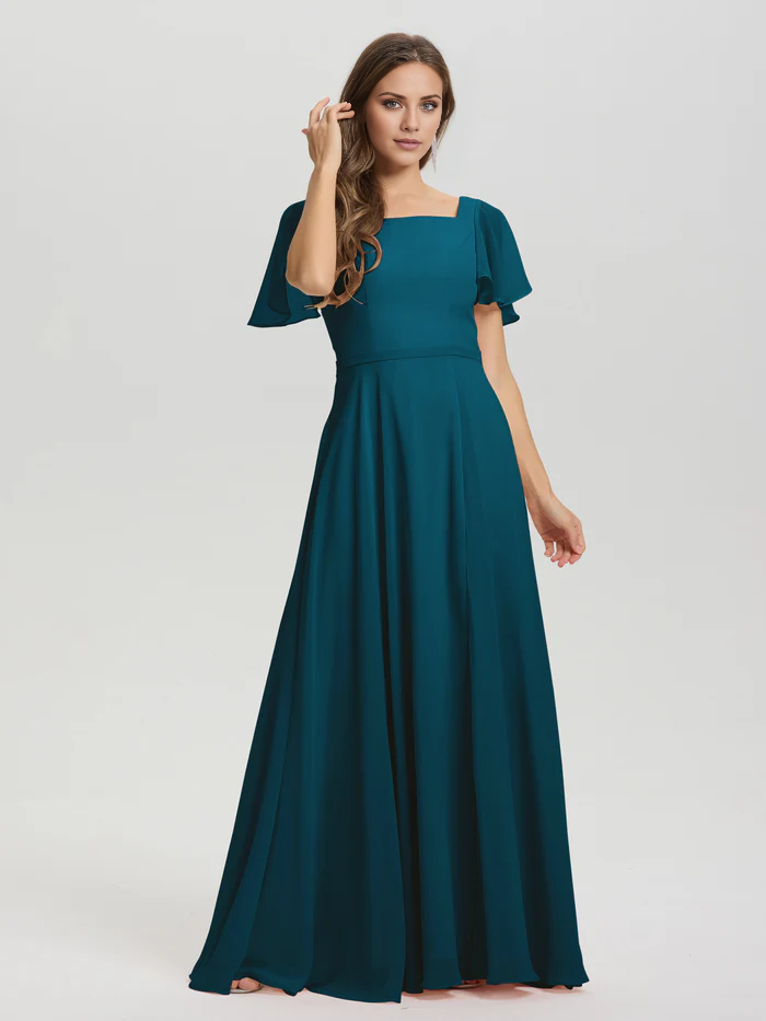 Vestido de dama de honor de gasa con cuello cuadrado, corte A, mangas cortas con volantes y largo hasta el suelo